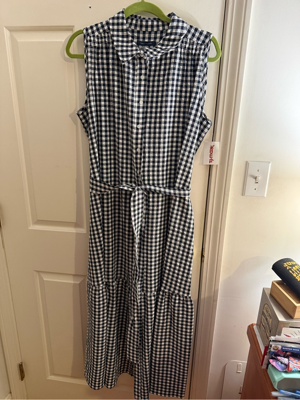 Sleeveless Navy & White Gingham Button-Front Midi Dress NWT